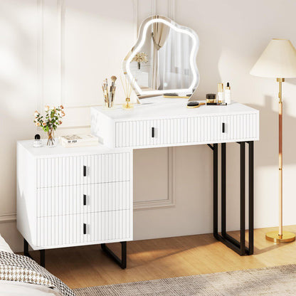 Dressing Table with Leaf-Shaped LED Mirror, Wooden Fluted Makeup Table