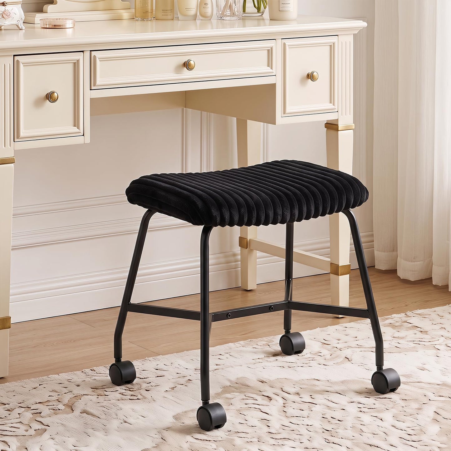 Rolling Makeup Vanity Stool Set of 2, Plush Accent Footrest