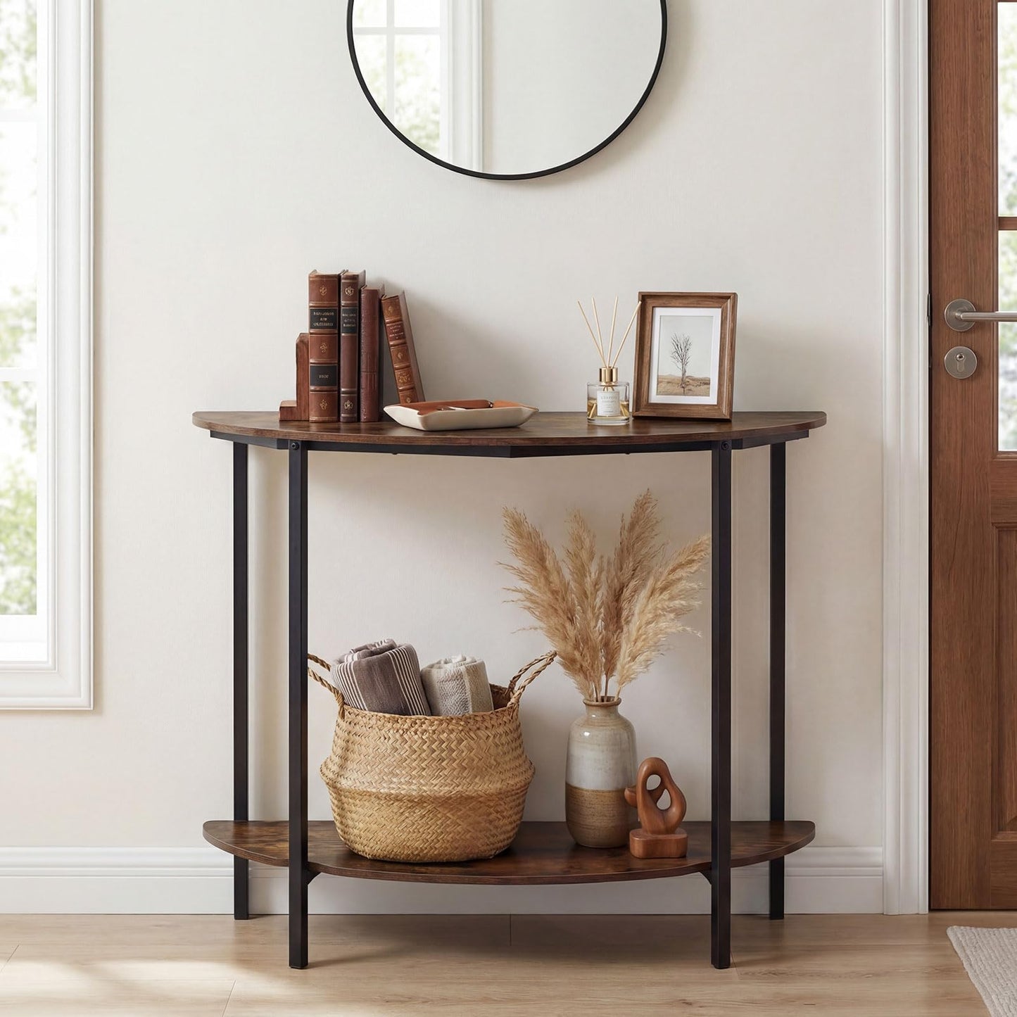 2-Tier Industrial Sofa Couch Table with Open Storage Shelf and Heavy-duty Metal Frame