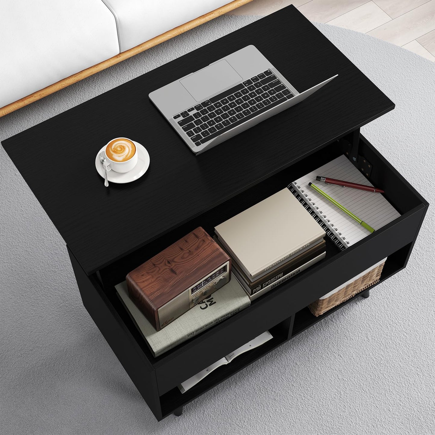 Lift Up Top Coffee Table with Hidden Storage Compartment and Open Shelf