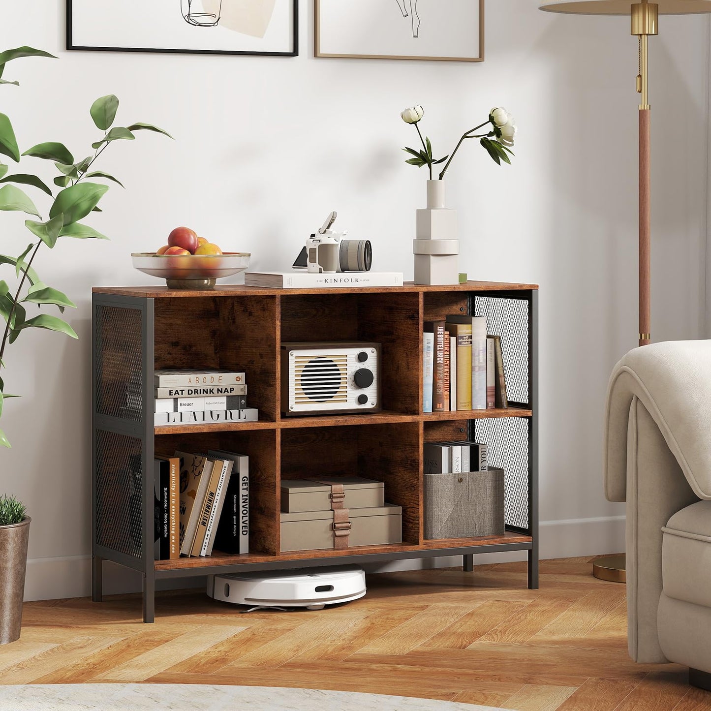 6 Cube Storage Bookcase, Wooden Freestanding Bookshelf Side Cabinet