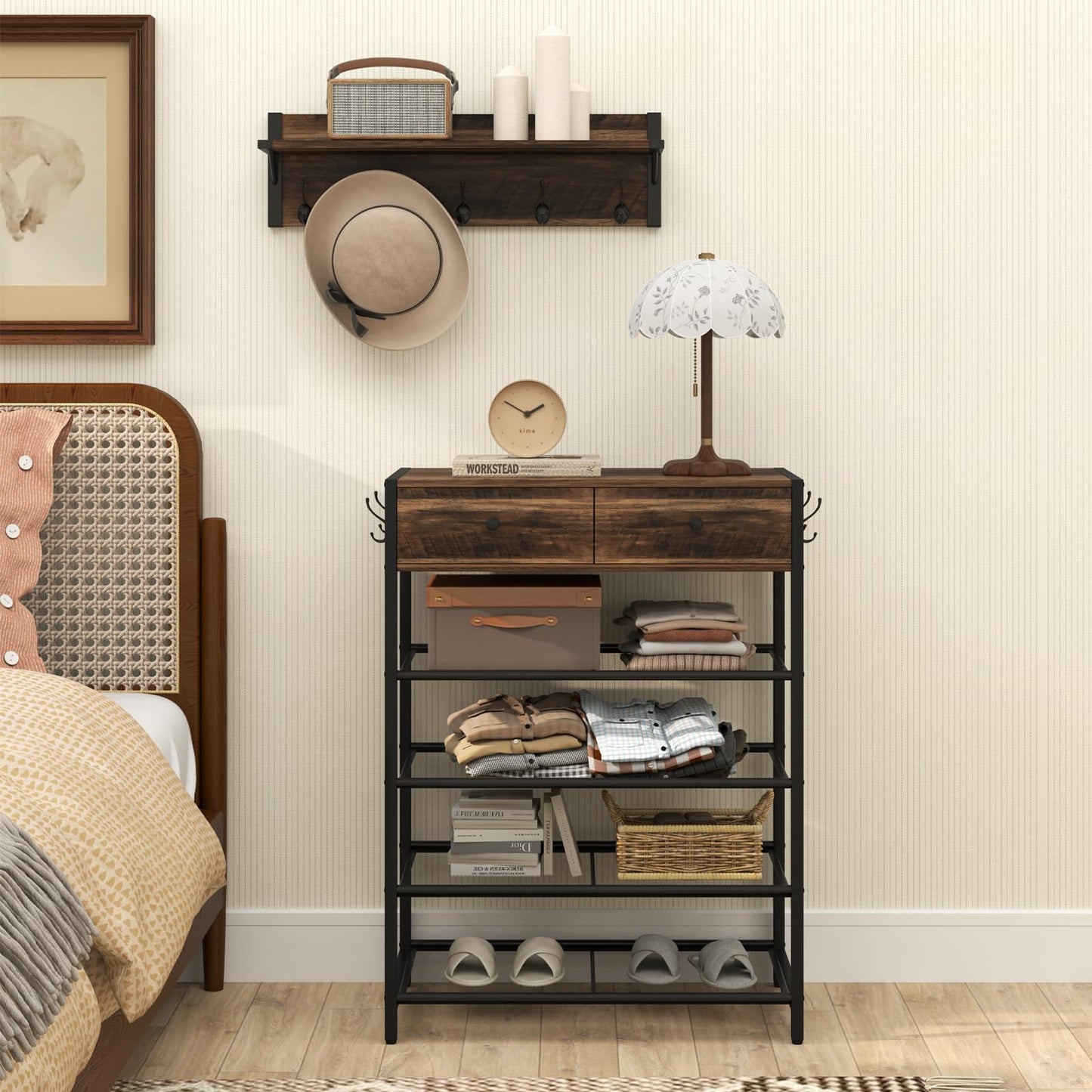 Coat Rack Shoe Stand Set with Wall-Mounted Coat Rack and Drawers