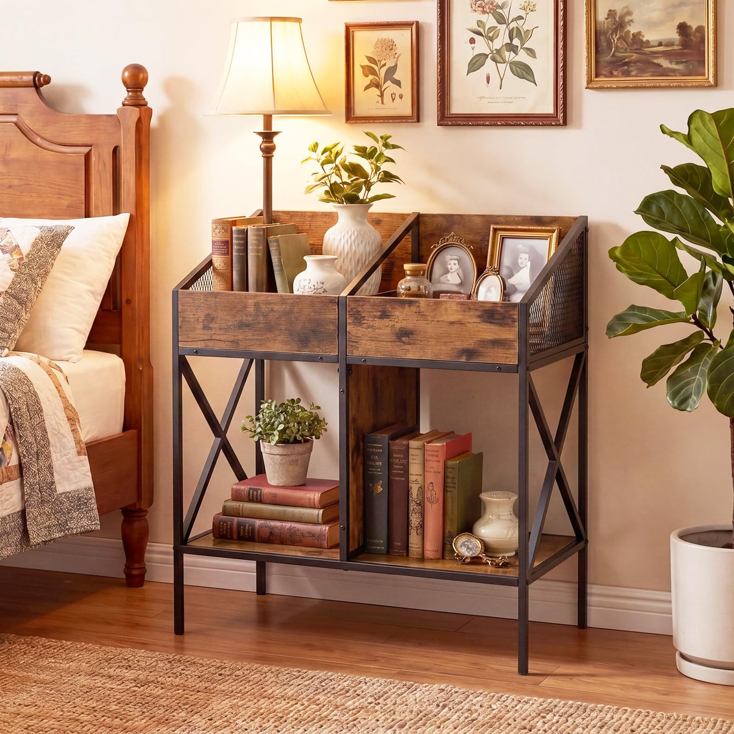 Record Player Stand, 2-Tier Turntable Stand End Side Table with 4 Display Shelves