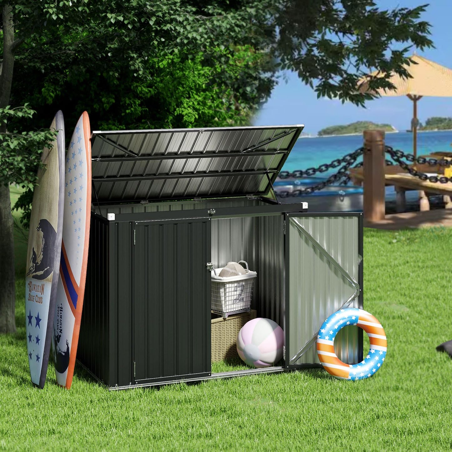 6 x 3 FT Garden Storage Shed, Galvanized Metal Trash Can Garden Shed with Top Flip Cover