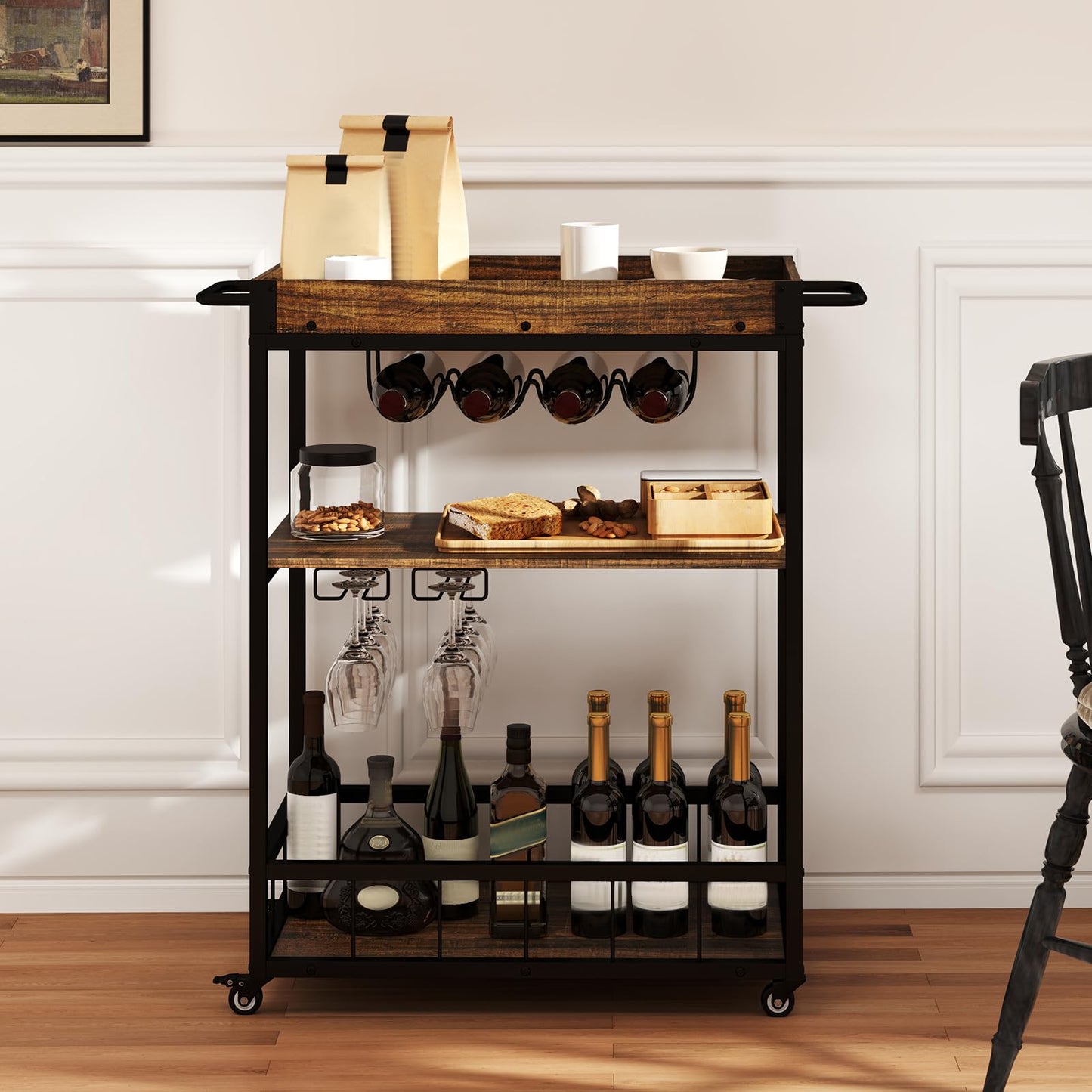 Home Bar Cart on Wheels Kitchen Serving Cart with Removable Tray