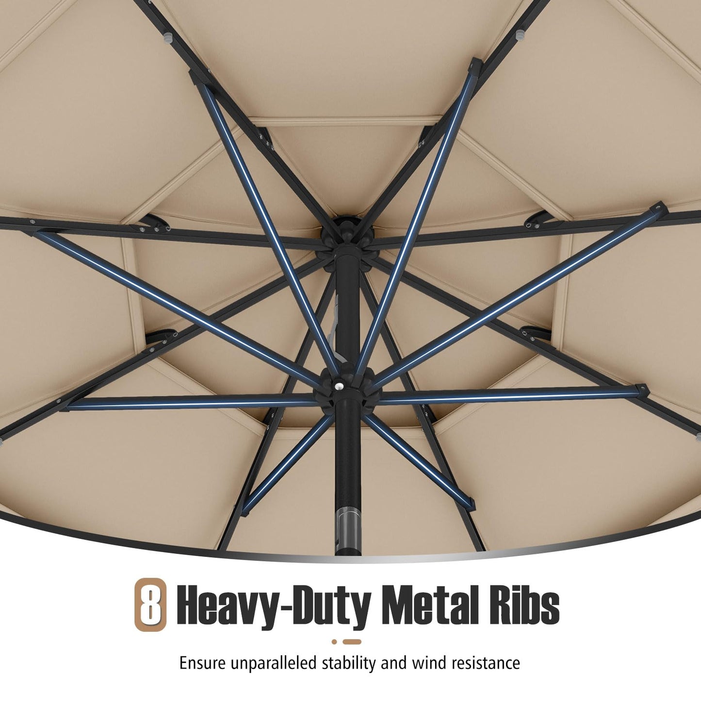 3M 3-Tier Heavy Duty 8-Ribs Solar Patio Umbrella with 32 LED Lights