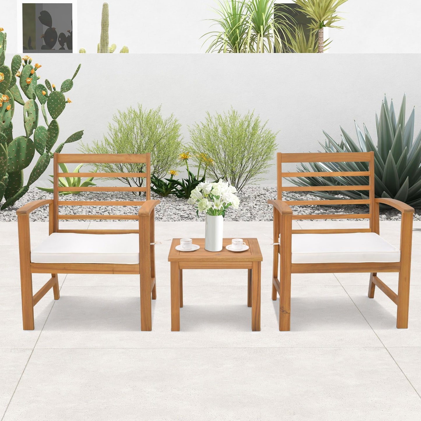 3-Piece Patio Bistro Set Acacia Wood Garden Furniture Set with Coffee Table 2 Armchairs