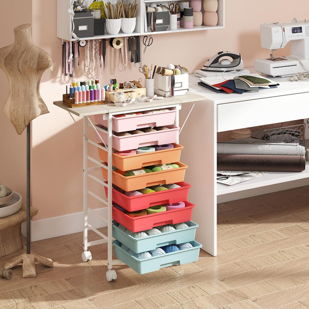 8 Drawers Storage Trolley with Wooden Top & Foldable Side Panels