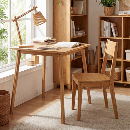 Dining Table for 2-4, Bamboo Square Kitchen Table with Anti-slip Footpads
