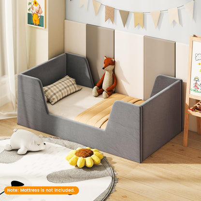 Kids Bed Frame, Soft Velvet Fabric Upholstered Children Floor Bed