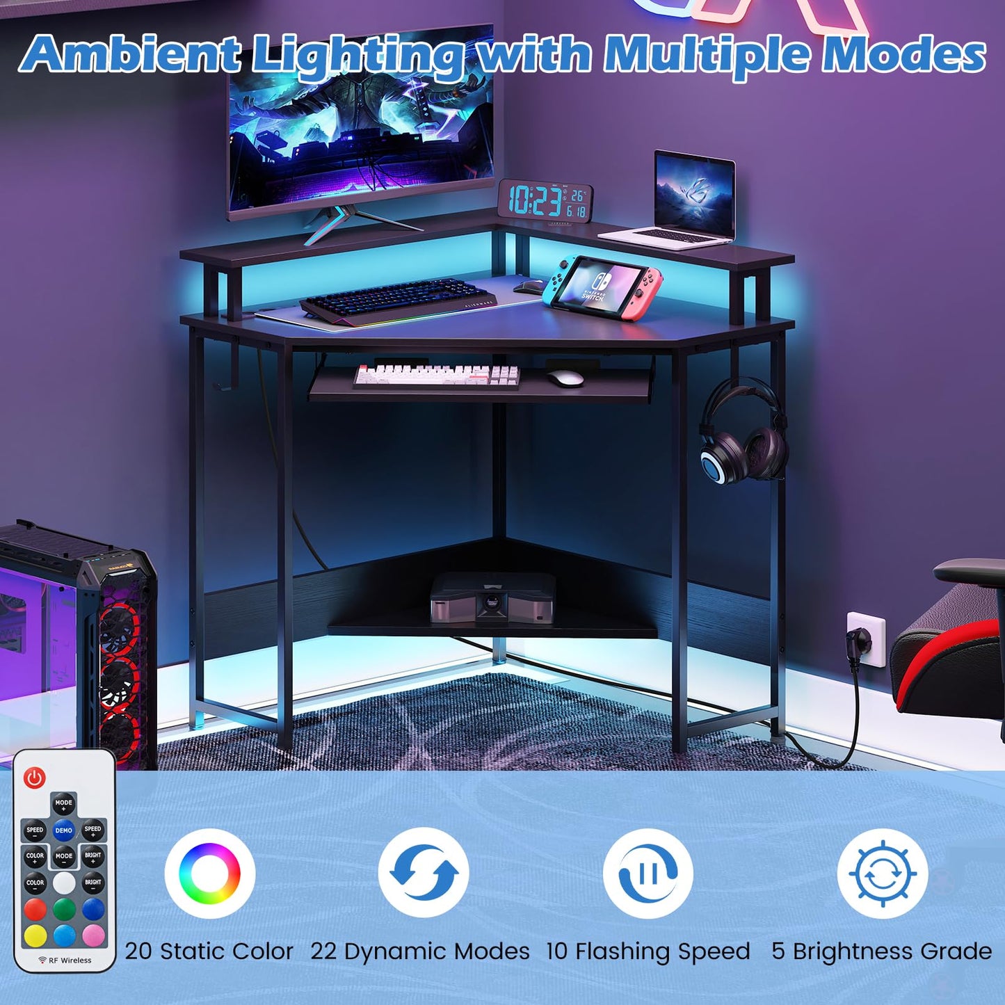 Computer Corner Desk with LED Charging Station and Monitor Stand
