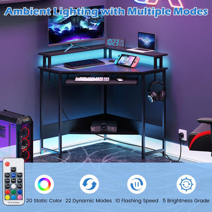 Computer Corner Desk with LED Charging Station and Monitor Stand