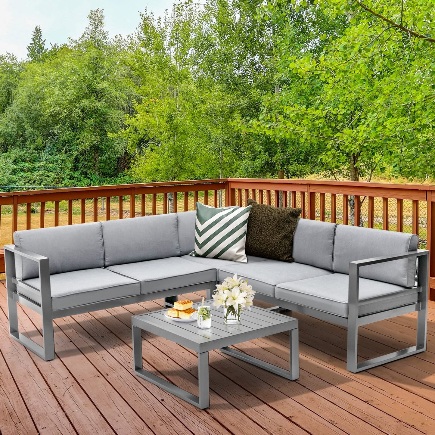 5 Seater L Shape Aluminium Garden Corner Sofa Set