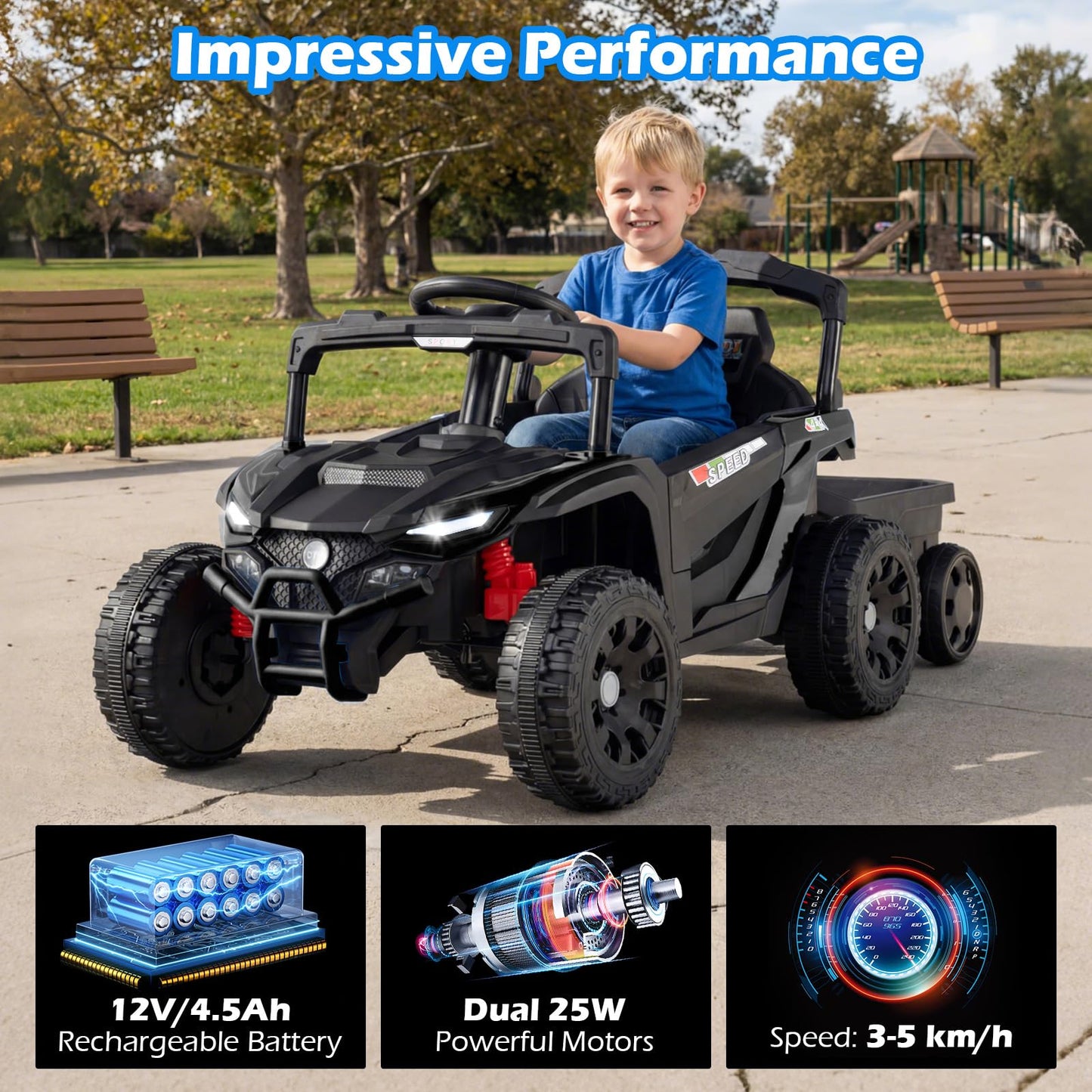 12V Battery Powered Ride On Kids Tractor with Detachable Trailer