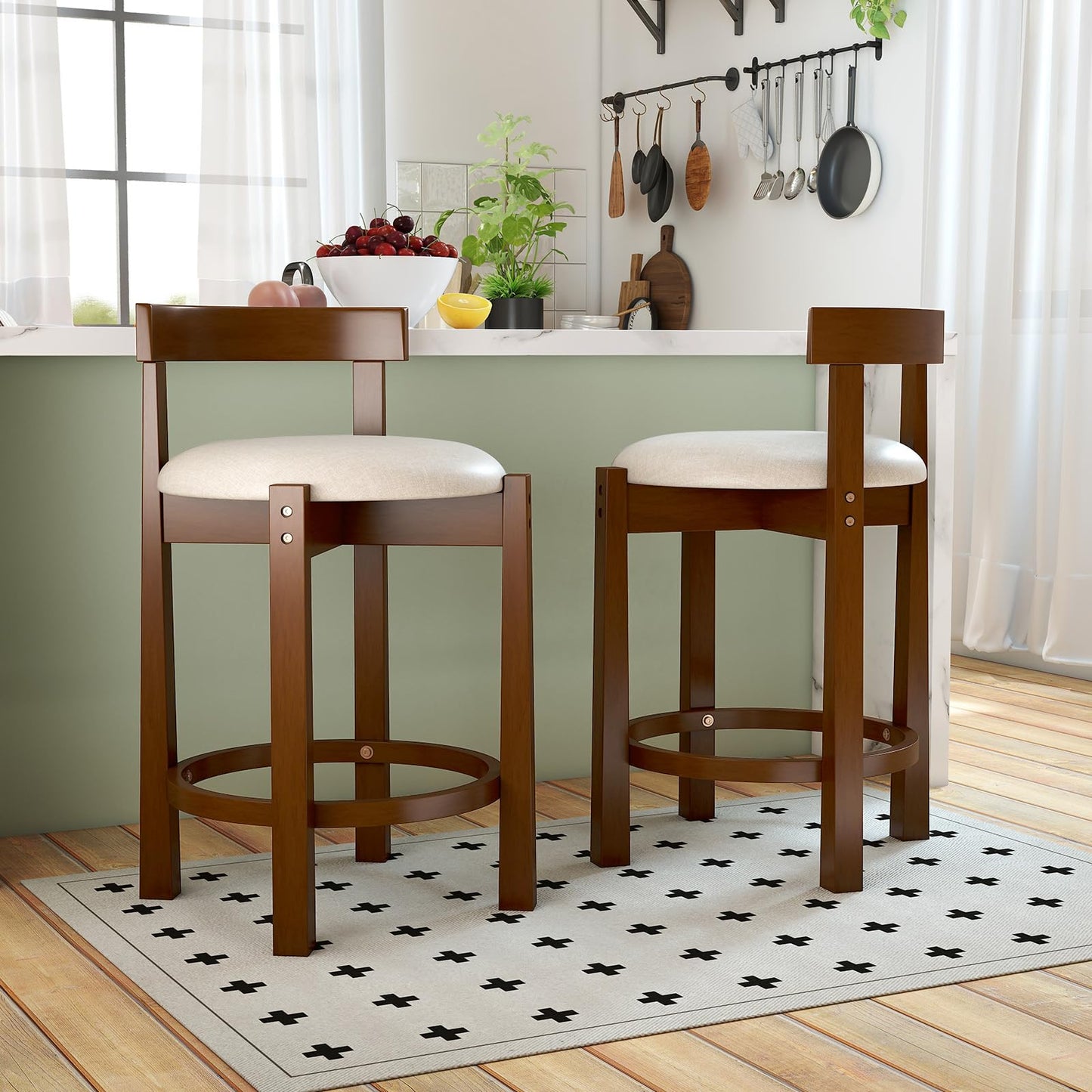 62cm Counter Height Bar Stools Set of 2 with Backrests and Footrests