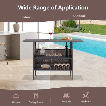 All Weather Wicker Bar Counter Table with 2 Metal Mesh Shelves