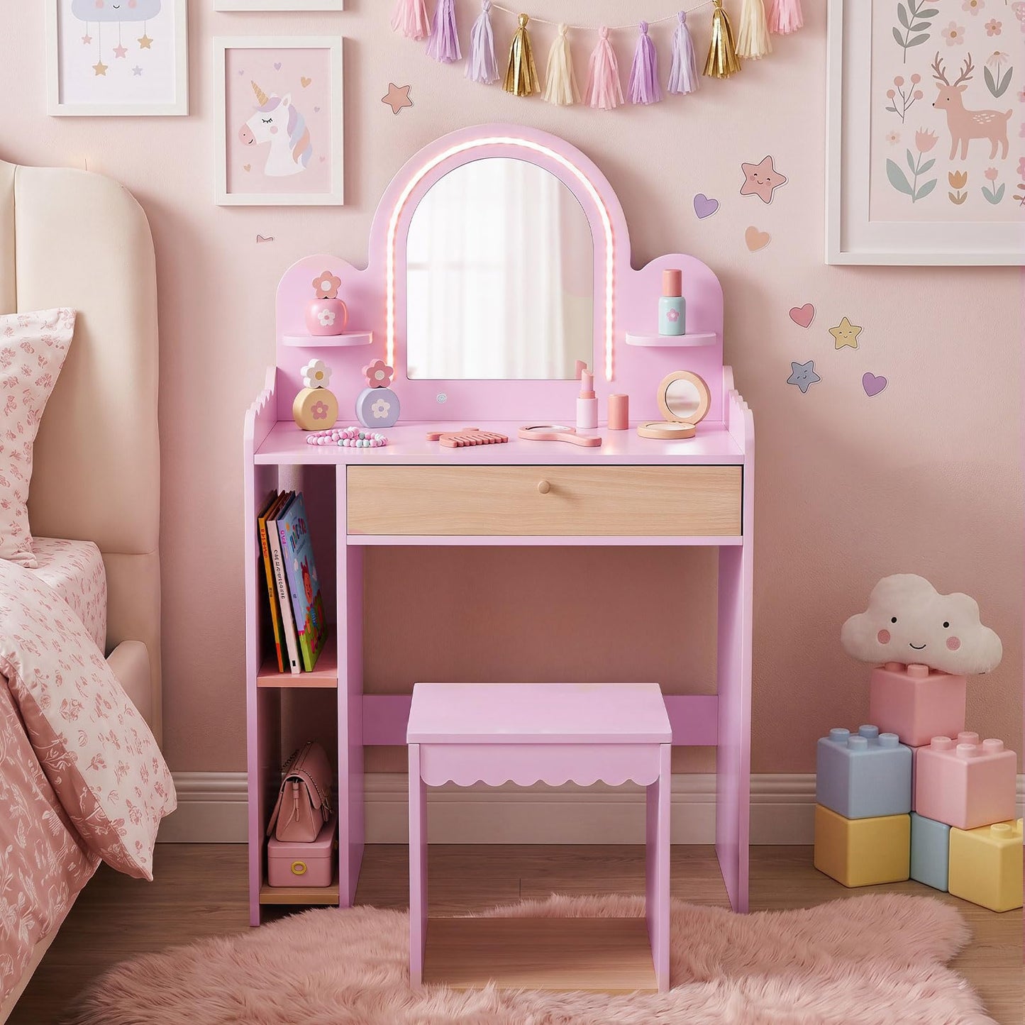 Kids Vanity with Lights and Storage Drawer with Chair for Ages 3+