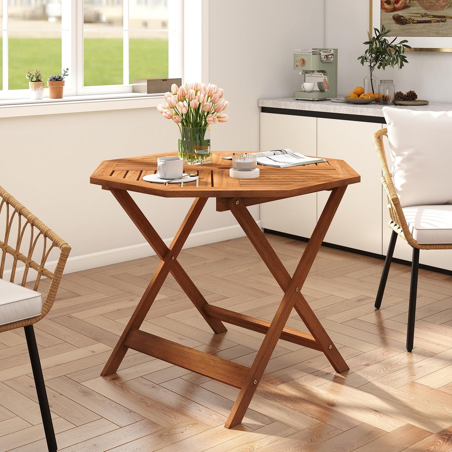 90cm Outdoor Dining Table, Solid Wood Garden Table with Umbrella Hole