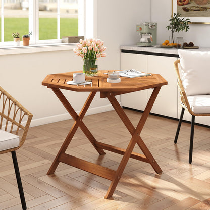 90cm Outdoor Dining Table, Solid Wood Garden Table with Umbrella Hole