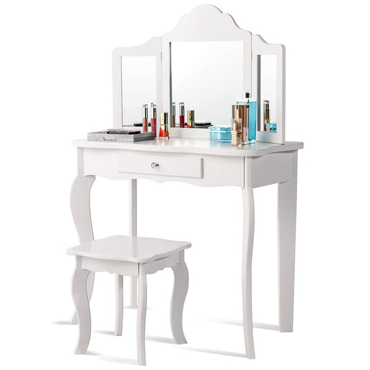 Kids Wooden Vanity Table and Stool Set with Detachable Top Folding Mirrors
