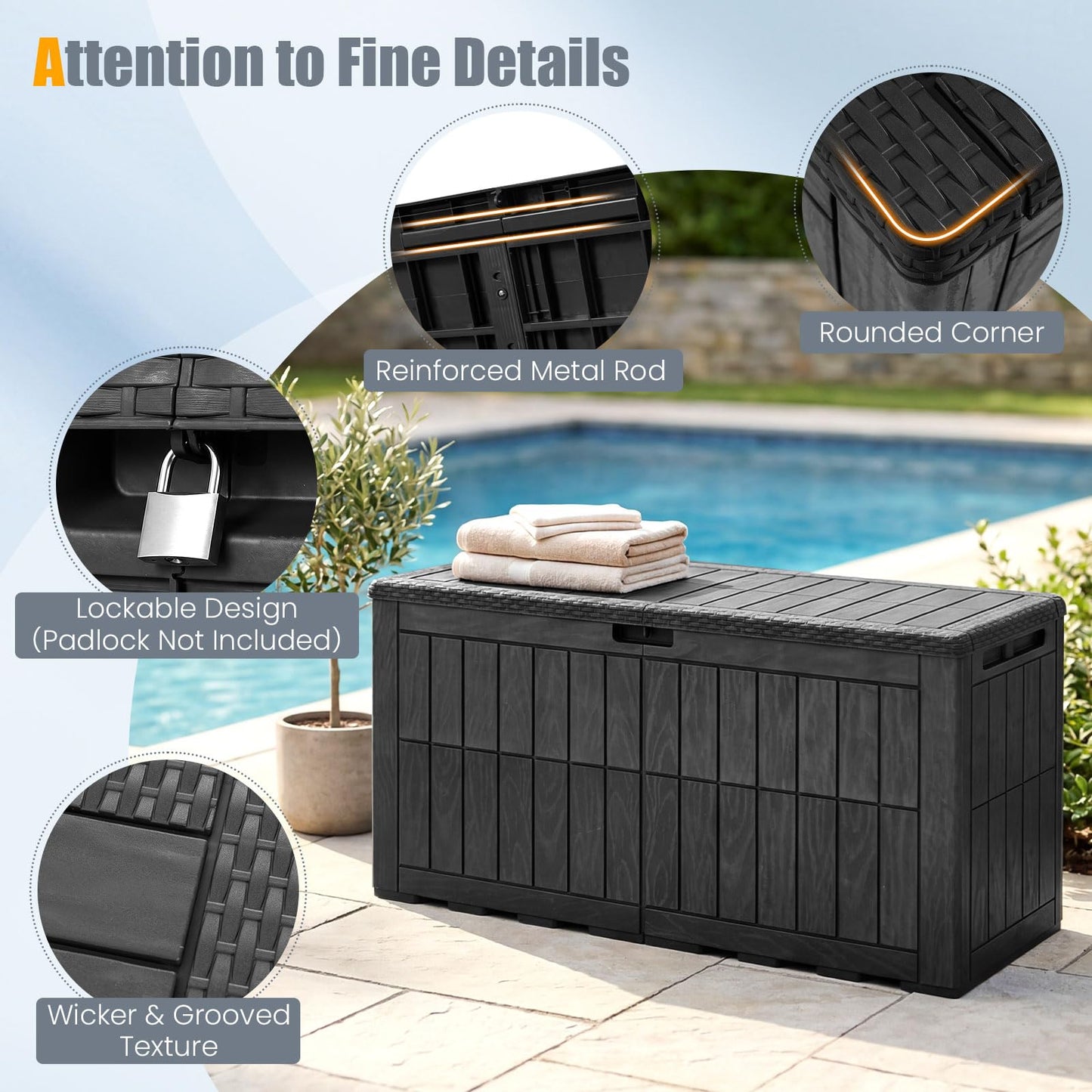 Garden Storage Box, Waterproof Resin Deck Box Bench with Lockable Lid & Handles