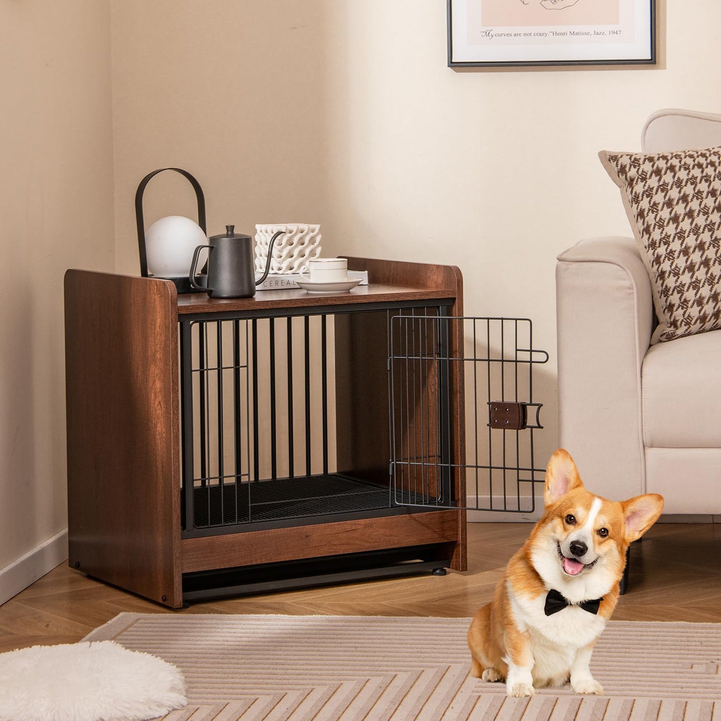 Indoor Dog Crate Furniture with Removable Tray and Lockable Door