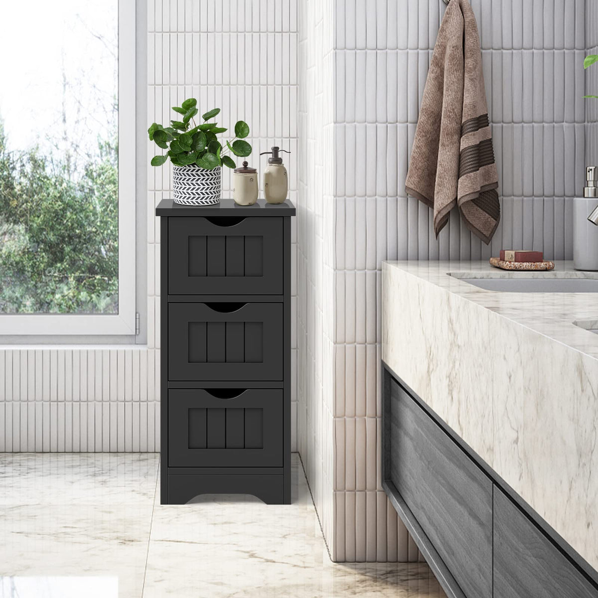 Bathroom Floor Cabinet with 3 Drawers and Cut-Off Handle
