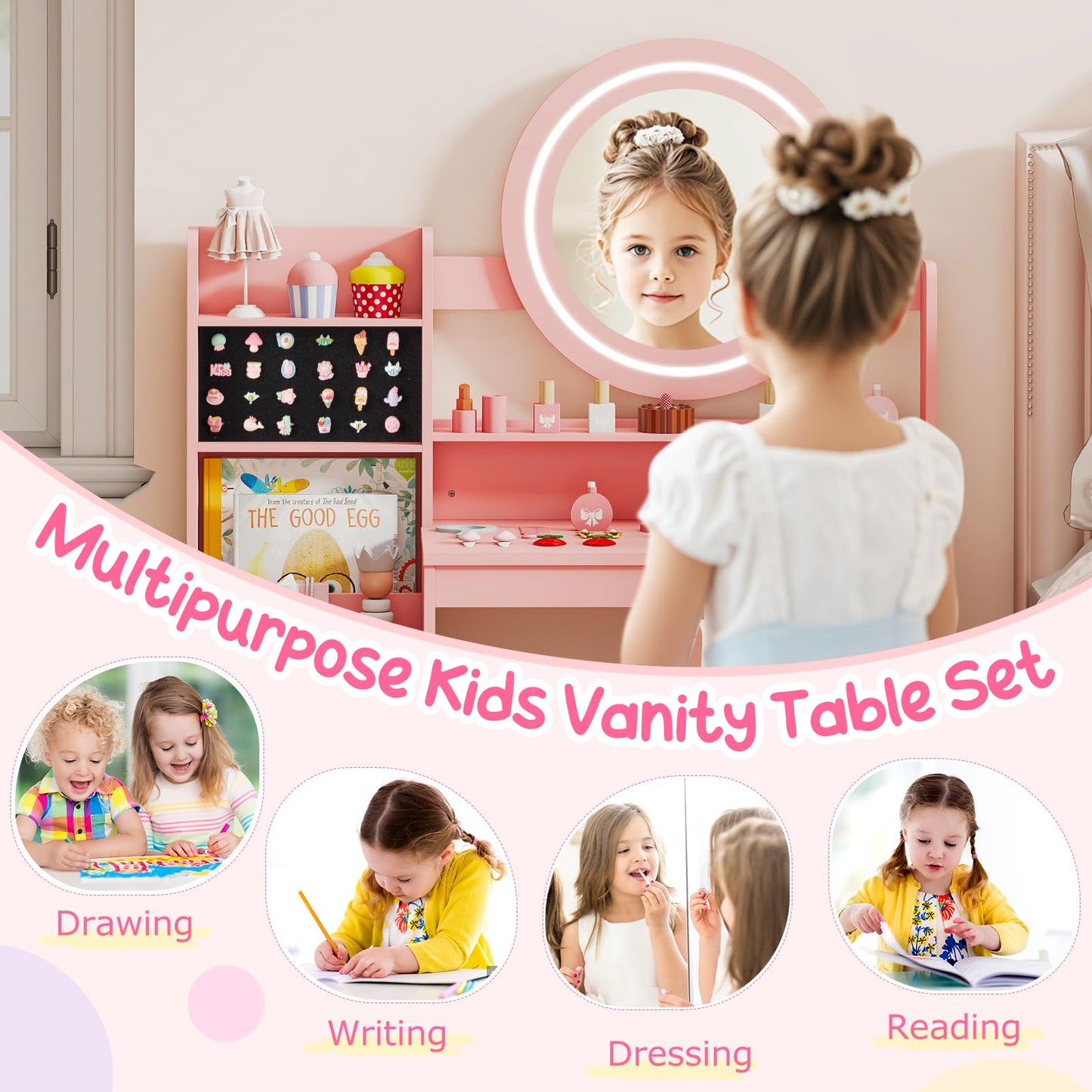 Kids Dressing Table, Girls Vanity Set with Lighted Mirror