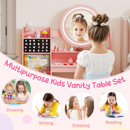 Kids Dressing Table, Girls Vanity Set with Lighted Mirror