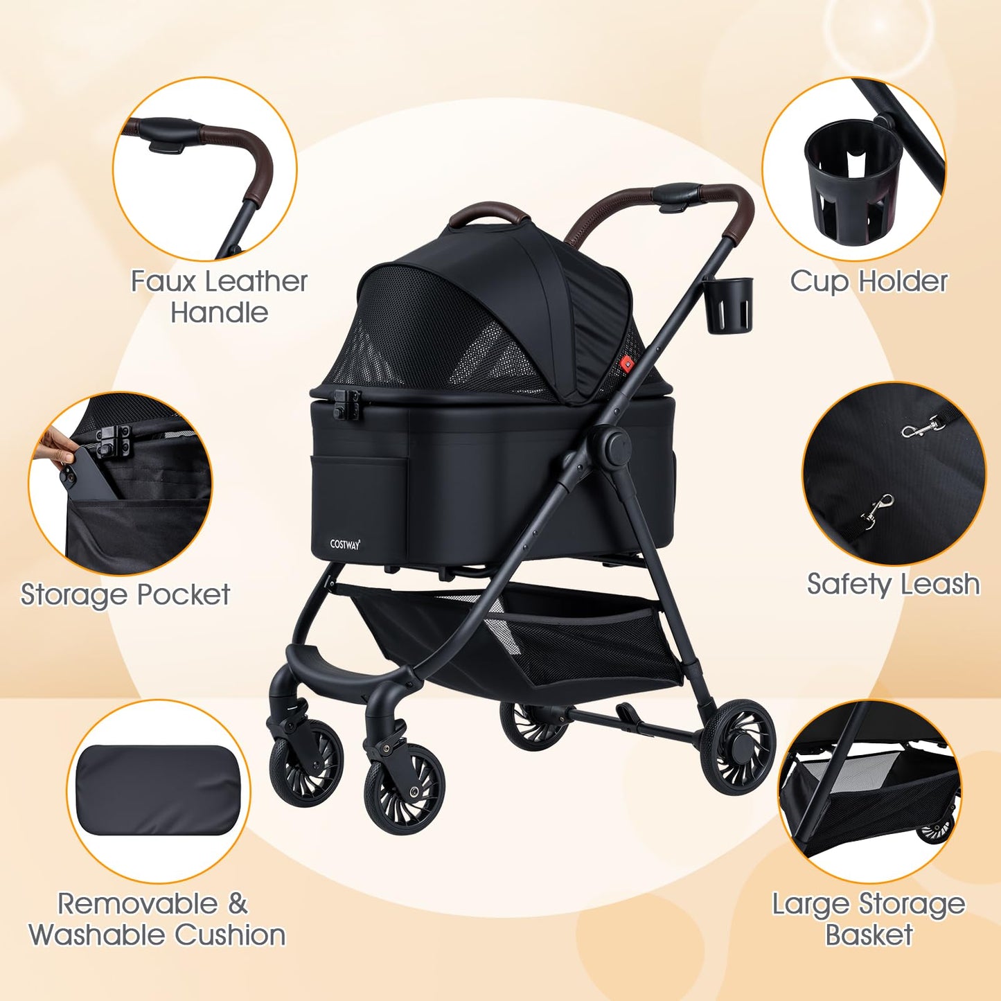 Pet Stroller, 3 in 1 Folding Dog Pram with Detachable Car Seat Carrier