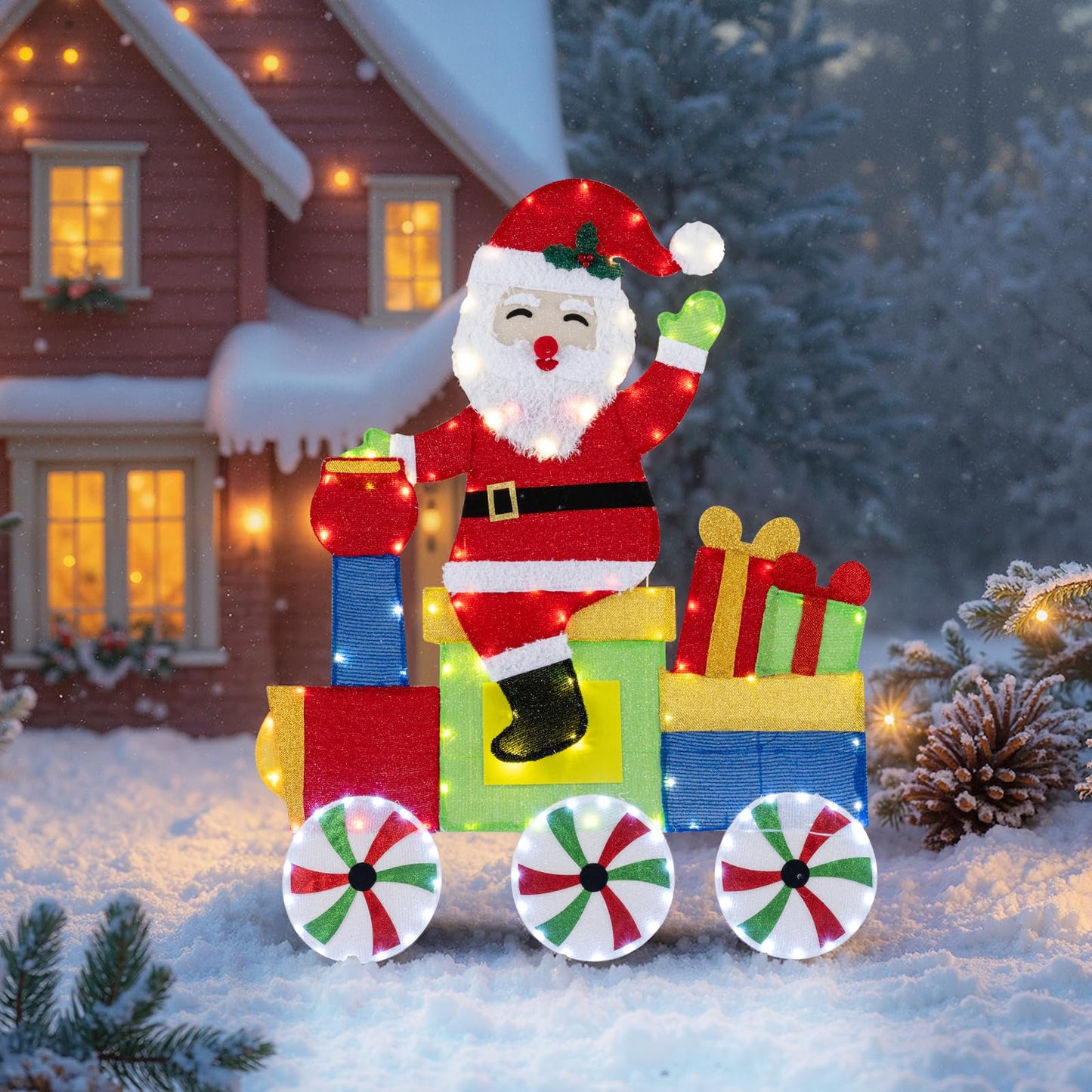 4FT Lighted Santa Claus on Train, 2D Pre-Lit Indoor Outdoor Christmas Decoration