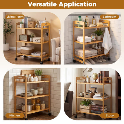 3-Tier Bamboo Rolling Cart with 2 Lockable Wheels and 3 Hooks for Kitchen