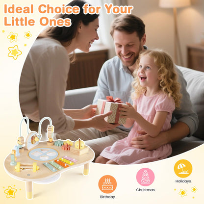 Activity Table for 1+ Year Old, 7-in-1 Wooden Montessori Toy Busy Board