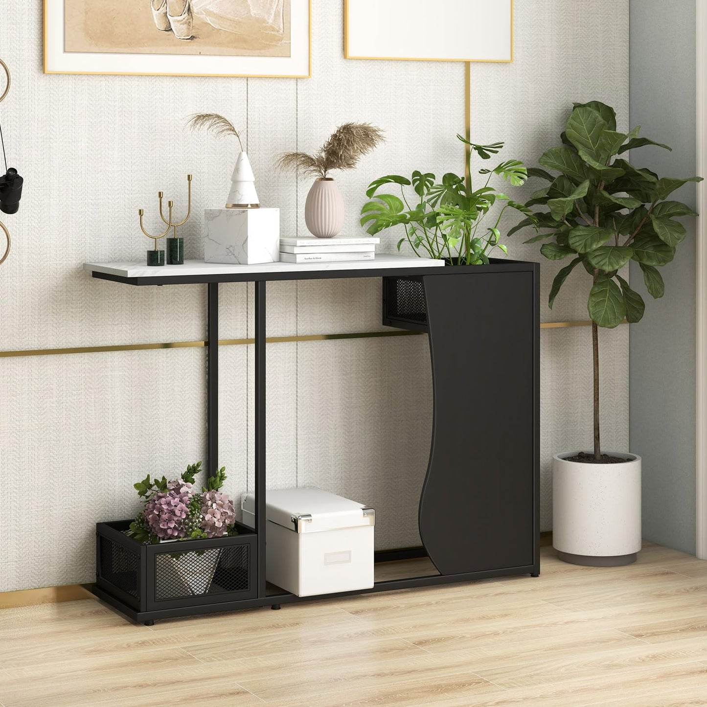 Modern Sofa Accent Console Table with 2 Storage Mesh Cubes