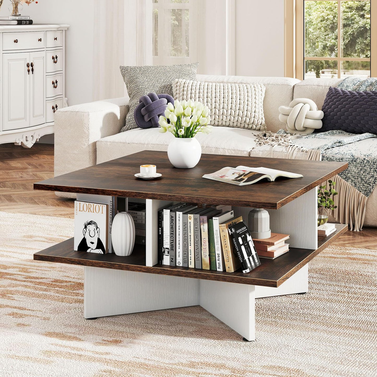 2-Tier Industrial Wooden Square Coffee Table with 4 Storage Shelves
