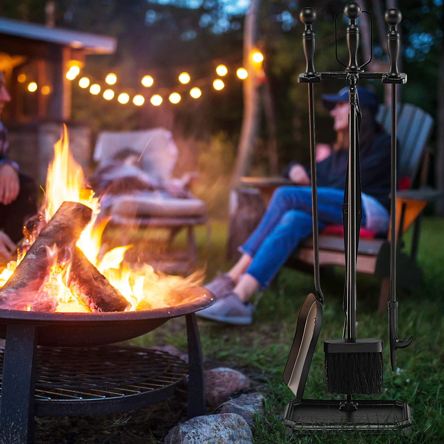 GiantexUK 5-Piece Fireplace Companion Set, Wrought Iron Fire Place Tools Set with Stand, Tong, Shovel, Brush & Poker