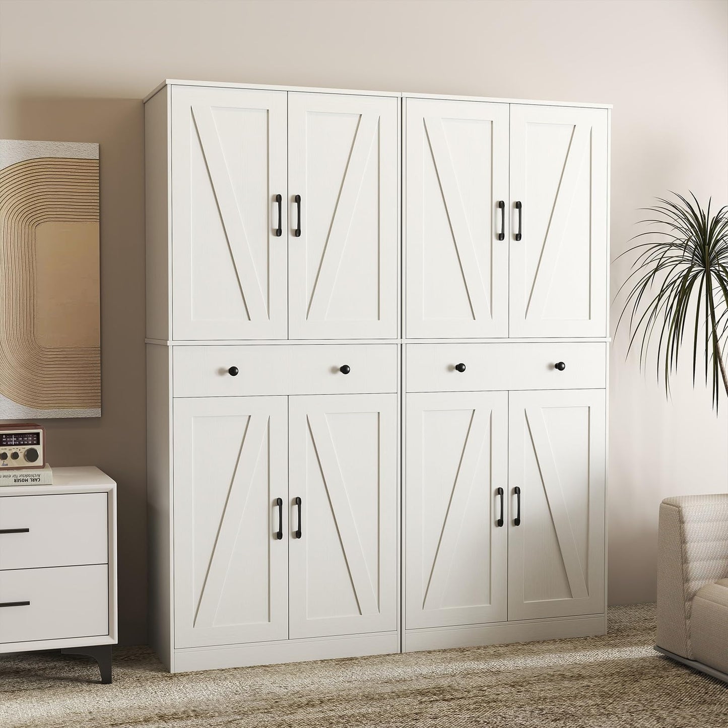 183cm Tall Kitchen Pantry with 4 Barn Doors and 3 Adjustable Shelves
