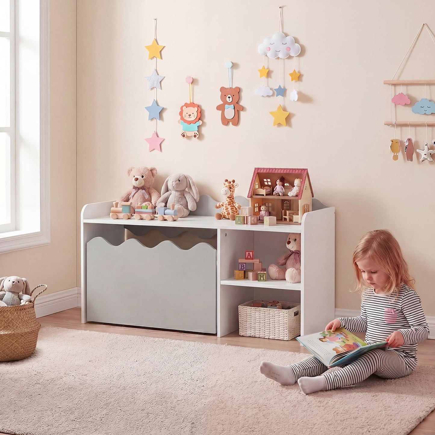 Scalloped Kids Bookshelf with Movable Drawer and Anti-Toppling Kit for Playroom