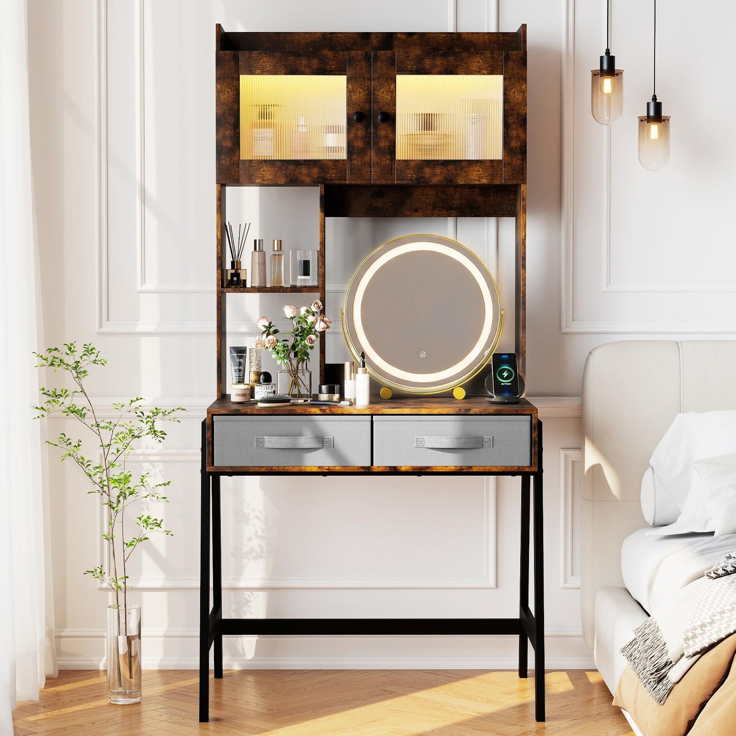 Dressing Table with 360° Rotation LED Vanity Mirror, Makeup Table Vanity Desk