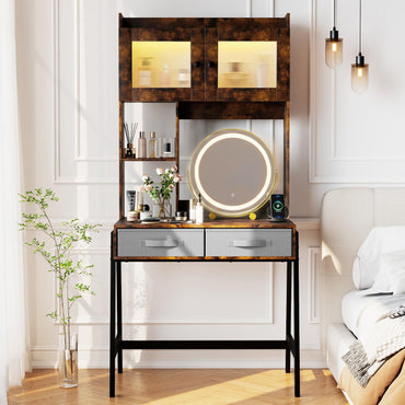 Dressing Table with 360° Rotation LED Vanity Mirror, Makeup Table Vanity Desk