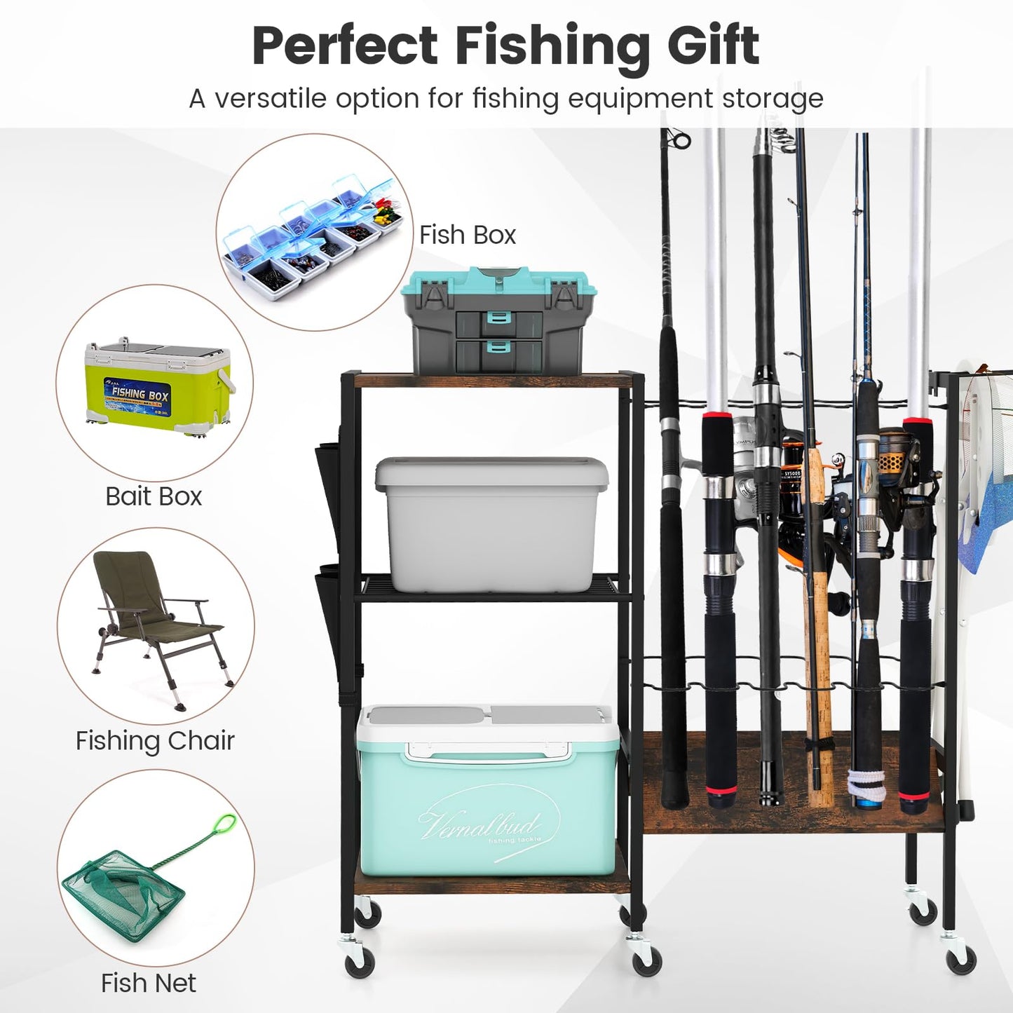 Fishing Rod Holder with Lockable Universal Wheels