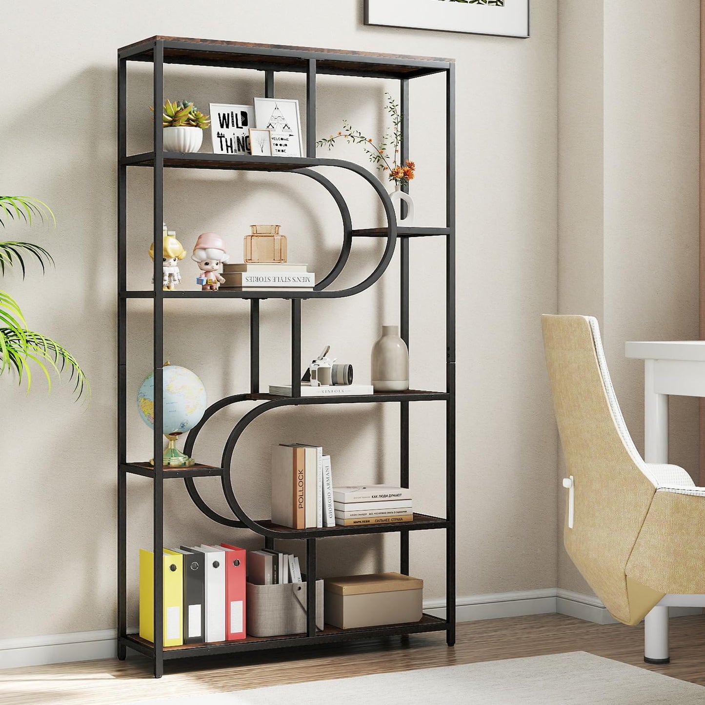 Industrial Etagere Bookcase with Open Storage Shelves and Metal Frame