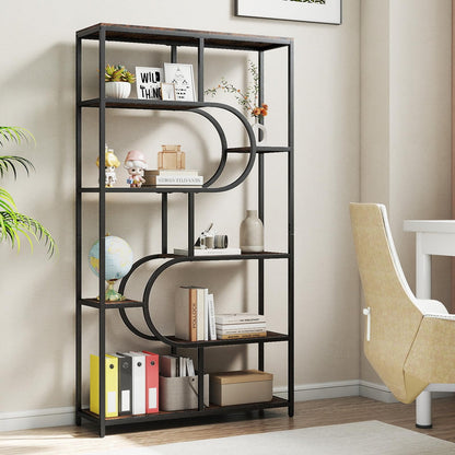 Industrial Etagere Bookcase with Open Storage Shelves and Metal Frame