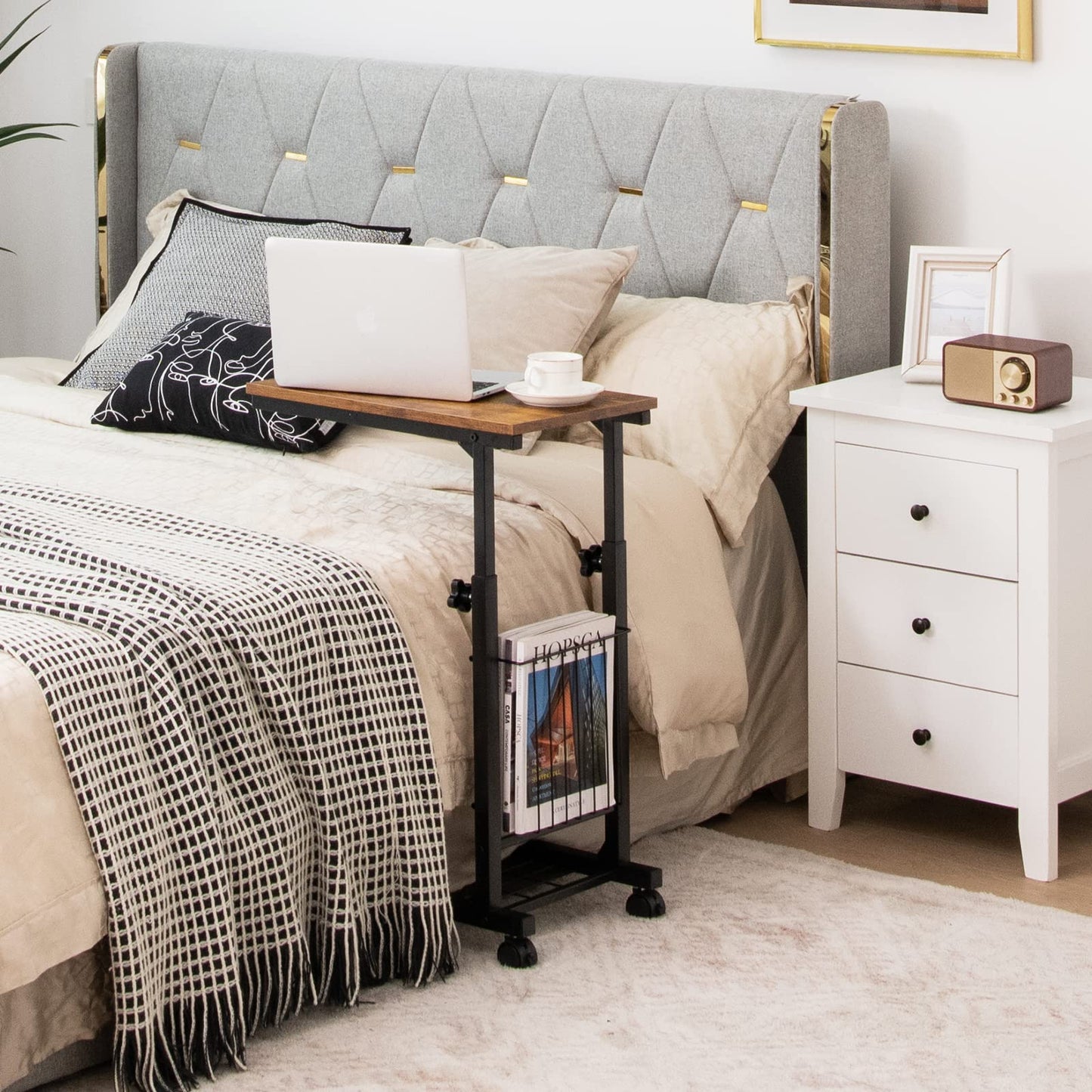 C-shape Adjustable End Table with Storage Basket