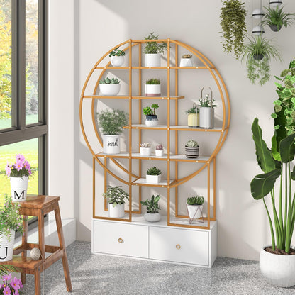 6-Tier Gold Bookshelf with 2 Storage Drawers Staggered Shelves