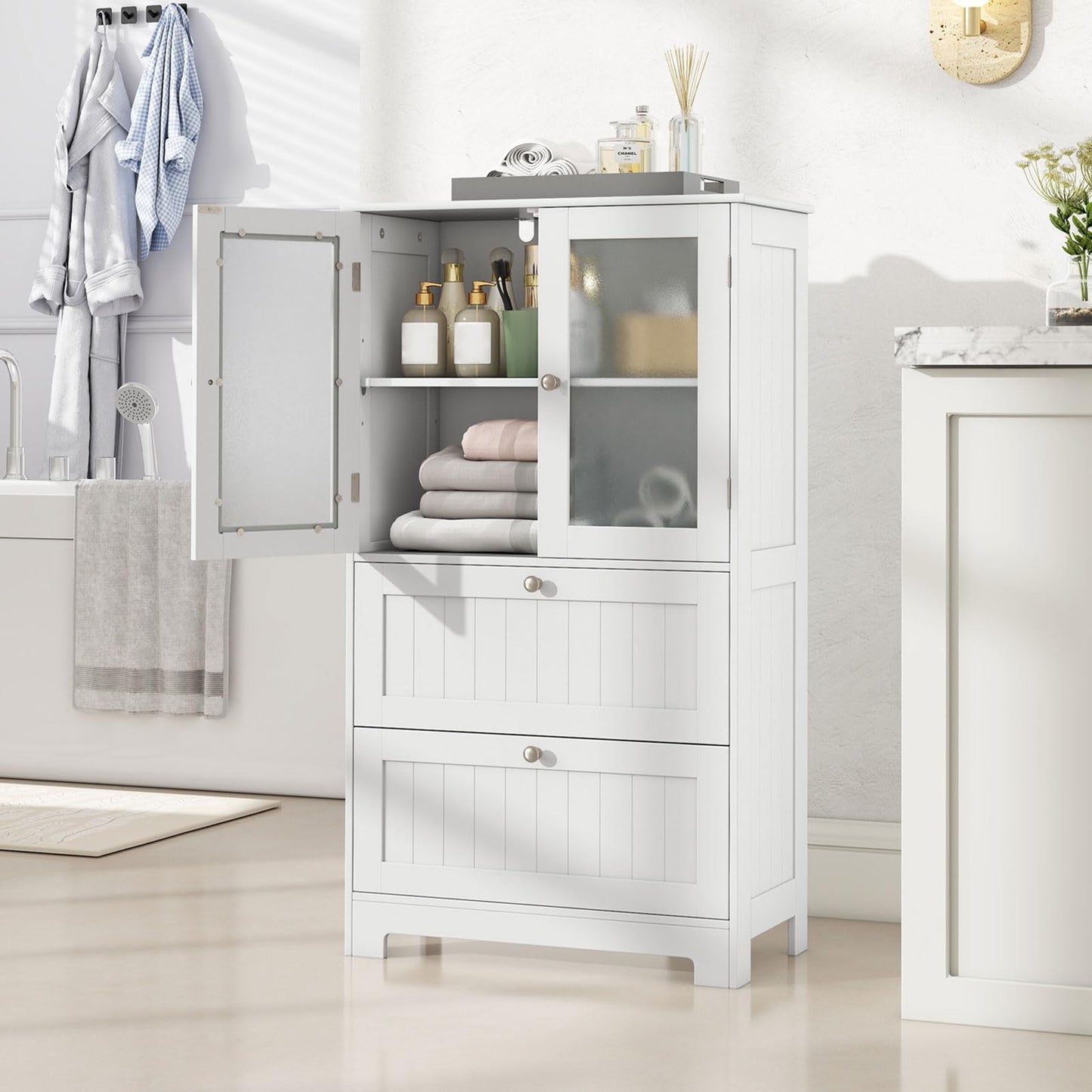 Freestanding Bathroom Storage Cabinet with 2 Frosted Tempered Glass Doors