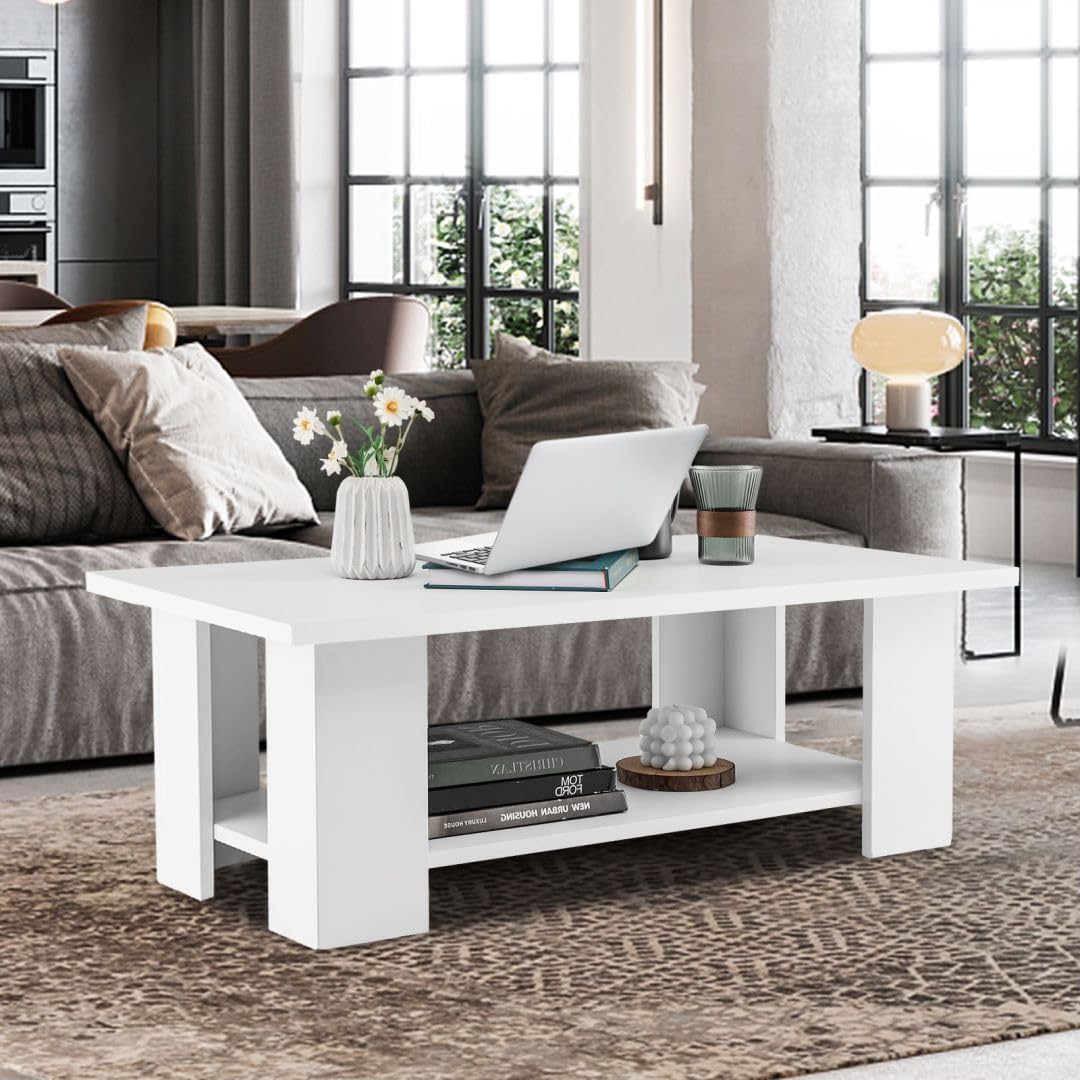 2-Tier Wooden Coffee Table with Storage Shelf and 5 Support Legs