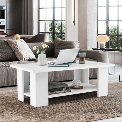 2-Tier Wooden Coffee Table with Storage Shelf and 5 Support Legs