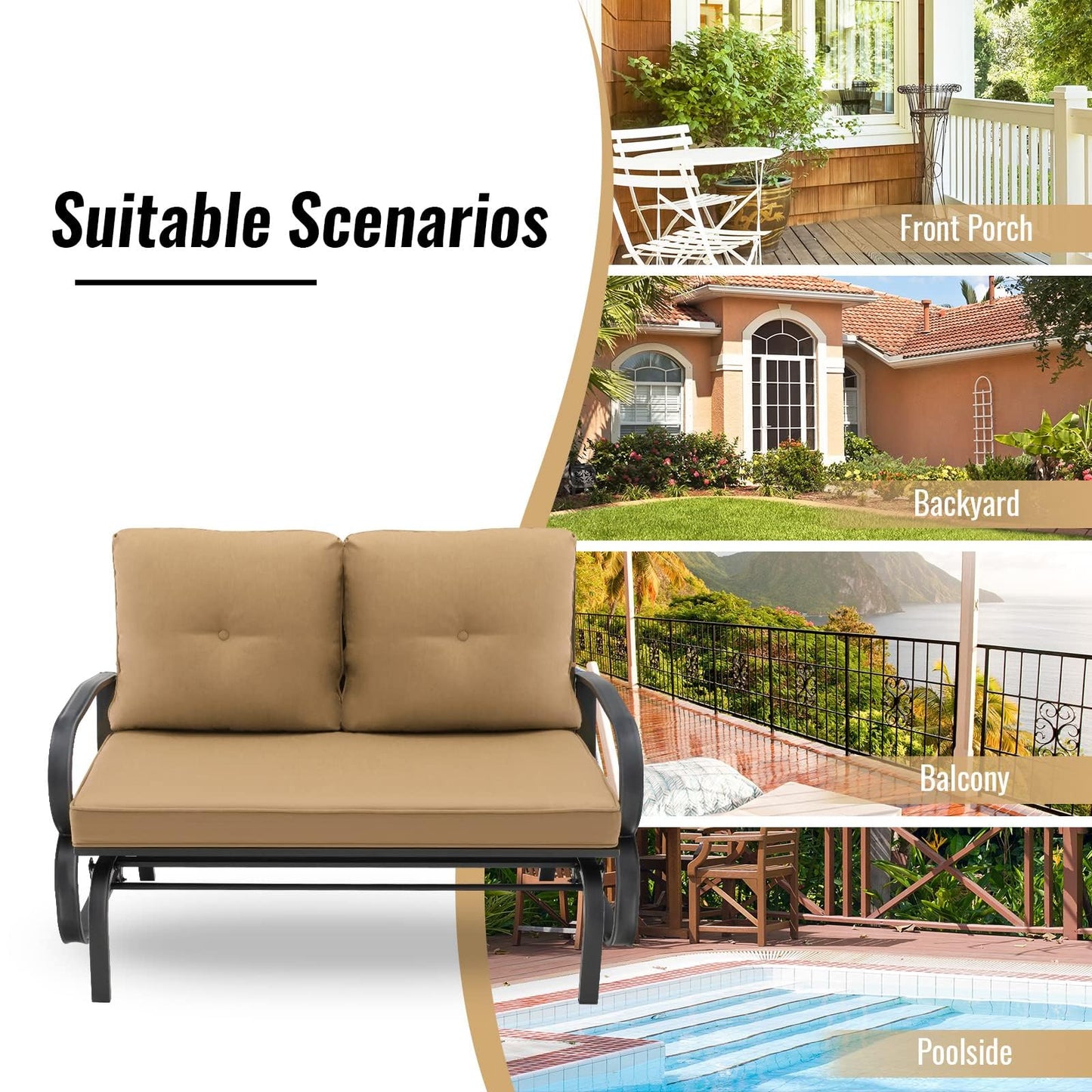 2-Person Steel Frame Outdoor Glider Bench with Cushions