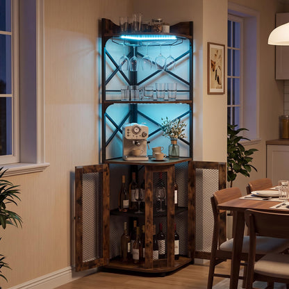 Corner Bar Cabinet with LED Lights Power Outlet and Glass Holder Storage Shelves